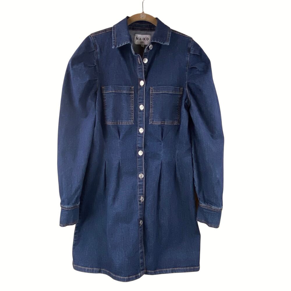 Na-kd Denim Dress With Puff Sleeves Size Medium Button Front